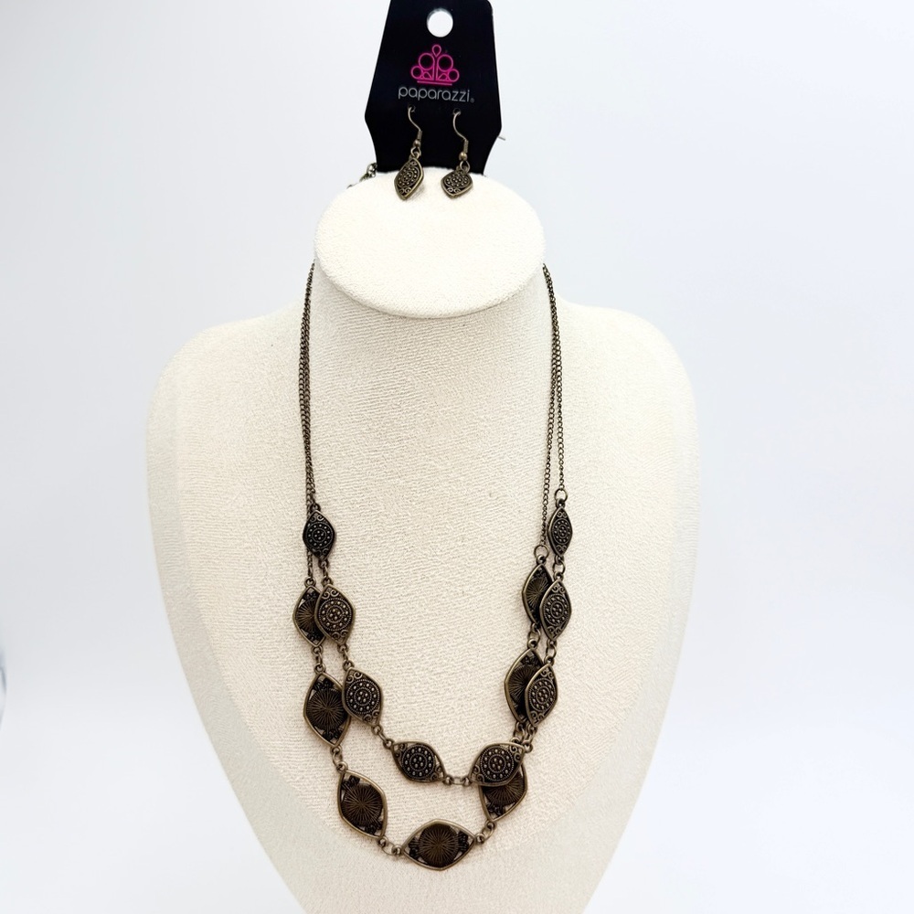 Paparazzi Bronze Layered Statement Necklace & Earring Set Boho Vintage
